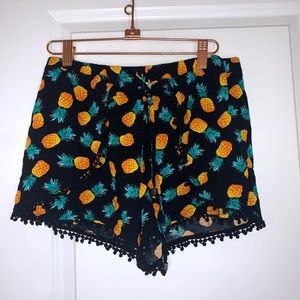 Black Summer Shorts With Pineapple Print